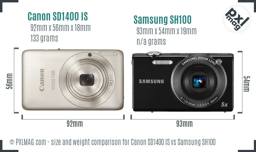 Canon SD1400 IS vs Samsung SH100 size comparison