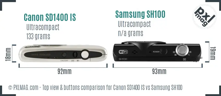 Canon SD1400 IS vs Samsung SH100 top view buttons comparison