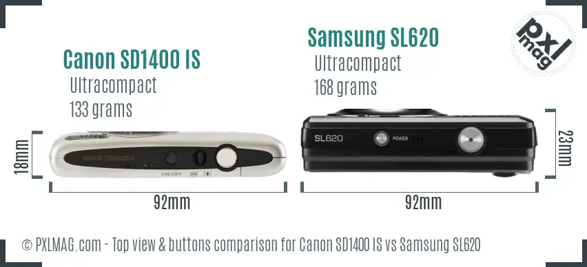 Canon SD1400 IS vs Samsung SL620 top view buttons comparison