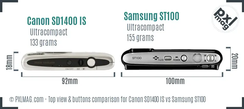Canon SD1400 IS vs Samsung ST100 top view buttons comparison