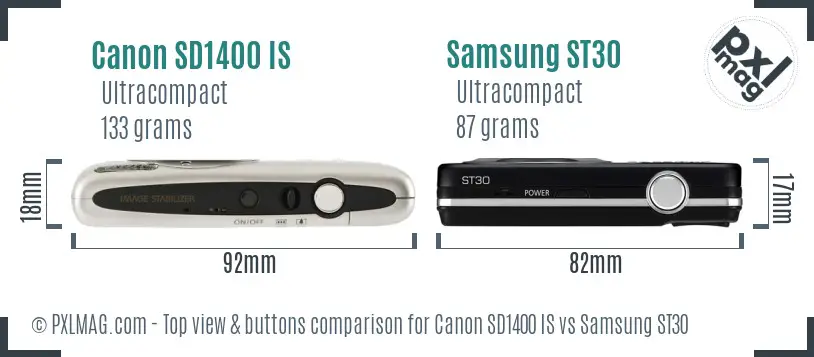 Canon SD1400 IS vs Samsung ST30 top view buttons comparison