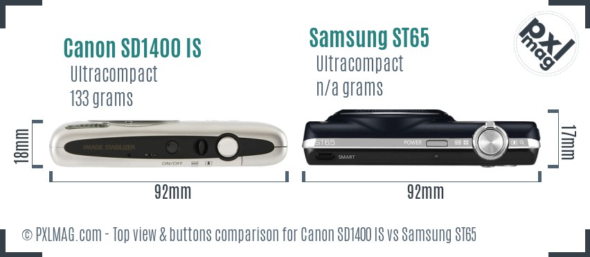 Canon SD1400 IS vs Samsung ST65 top view buttons comparison