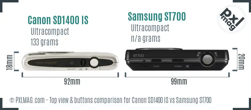 Canon SD1400 IS vs Samsung ST700 top view buttons comparison Canon SD1400 IS vs Samsung ST700 top view buttons comparison