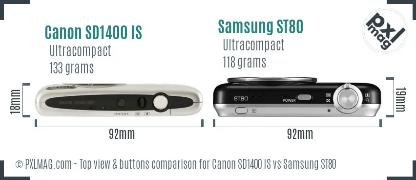 Canon SD1400 IS vs Samsung ST80 top view buttons comparison