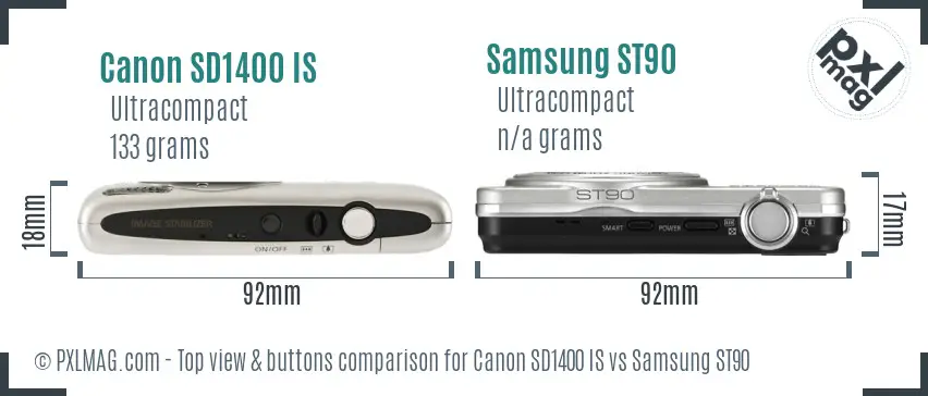 Canon SD1400 IS vs Samsung ST90 top view buttons comparison Canon SD1400 IS vs Samsung ST90 top view buttons comparison