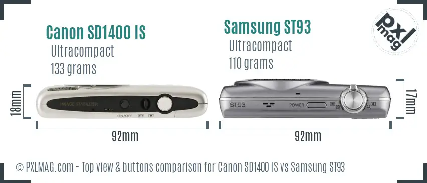 Canon SD1400 IS vs Samsung ST93 top view buttons comparison