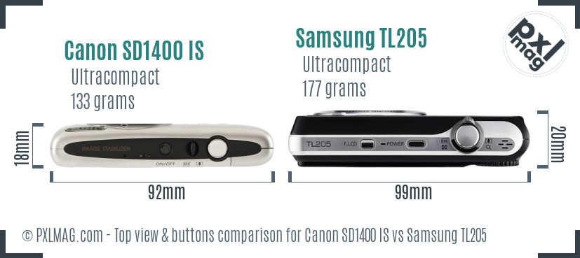 Canon SD1400 IS vs Samsung TL205 top view buttons comparison