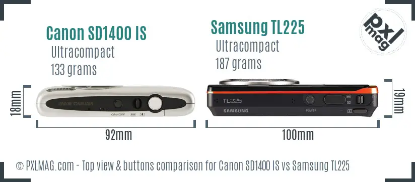 Canon SD1400 IS vs Samsung TL225 top view buttons comparison