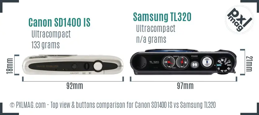Canon SD1400 IS vs Samsung TL320 top view buttons comparison Canon SD1400 IS vs Samsung TL320 top view buttons comparison