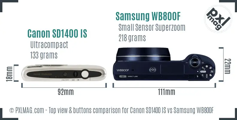 Canon SD1400 IS vs Samsung WB800F top view buttons comparison