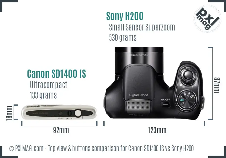 Canon SD1400 IS vs Sony H200 top view buttons comparison