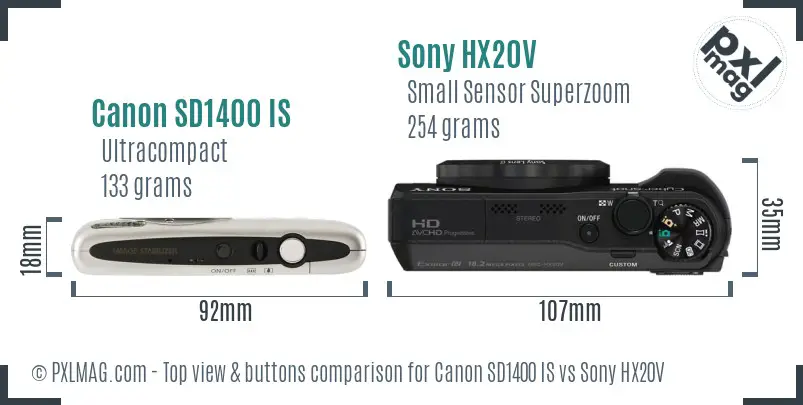 Canon SD1400 IS vs Sony HX20V top view buttons comparison