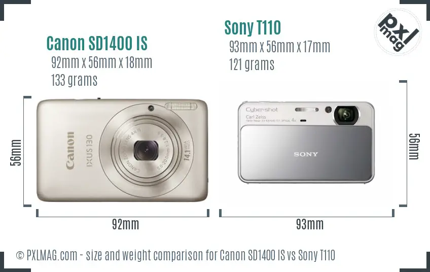 Canon SD1400 IS vs Sony T110 size comparison