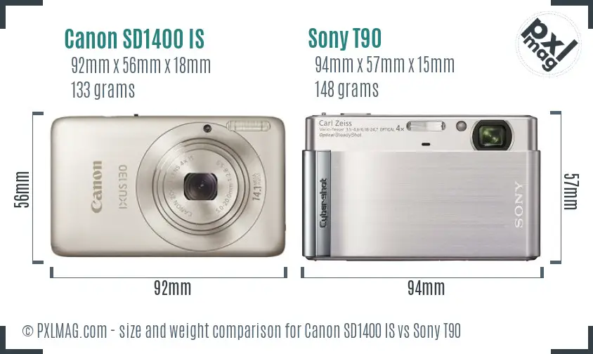 Canon SD1400 IS vs Sony T90 size comparison