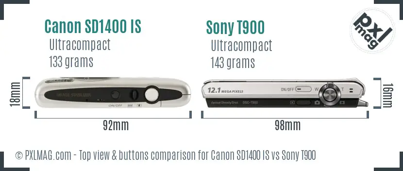 Canon SD1400 IS vs Sony T900 top view buttons comparison