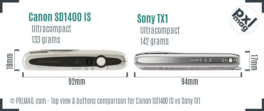 Canon SD1400 IS vs Sony TX1 top view buttons comparison
