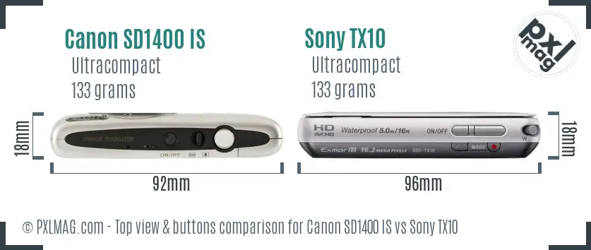 Canon SD1400 IS vs Sony TX10 top view buttons comparison
