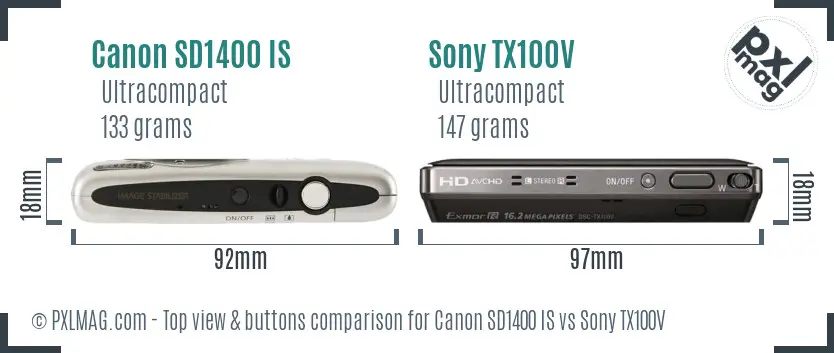 Canon SD1400 IS vs Sony TX100V top view buttons comparison