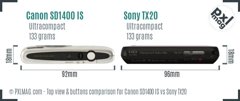Canon SD1400 IS vs Sony TX20 top view buttons comparison