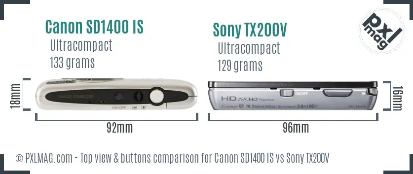 Canon SD1400 IS vs Sony TX200V top view buttons comparison