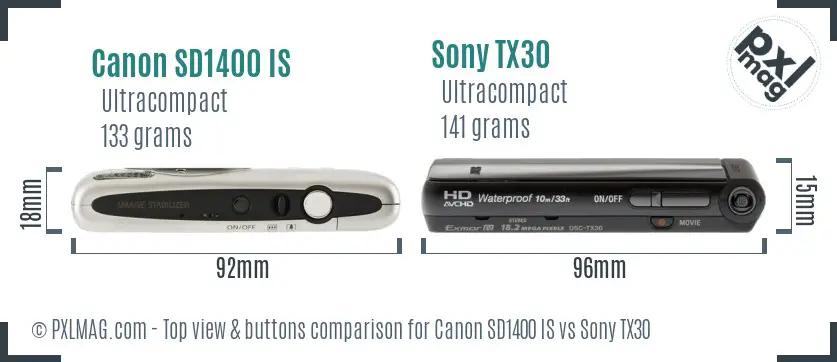Canon SD1400 IS vs Sony TX30 top view buttons comparison