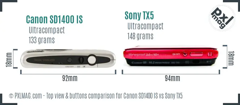 Canon SD1400 IS vs Sony TX5 top view buttons comparison