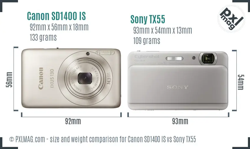 Canon SD1400 IS vs Sony TX55 size comparison