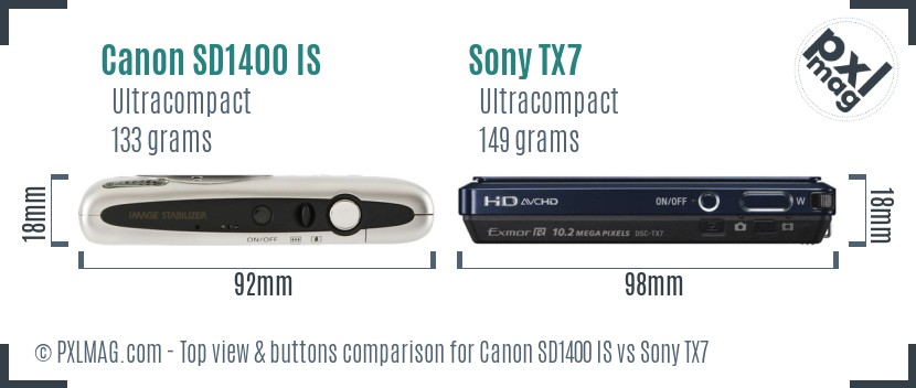 Canon SD1400 IS vs Sony TX7 top view buttons comparison