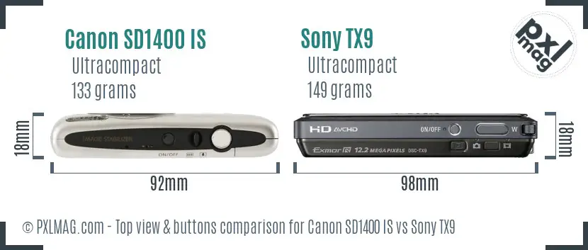 Canon SD1400 IS vs Sony TX9 top view buttons comparison
