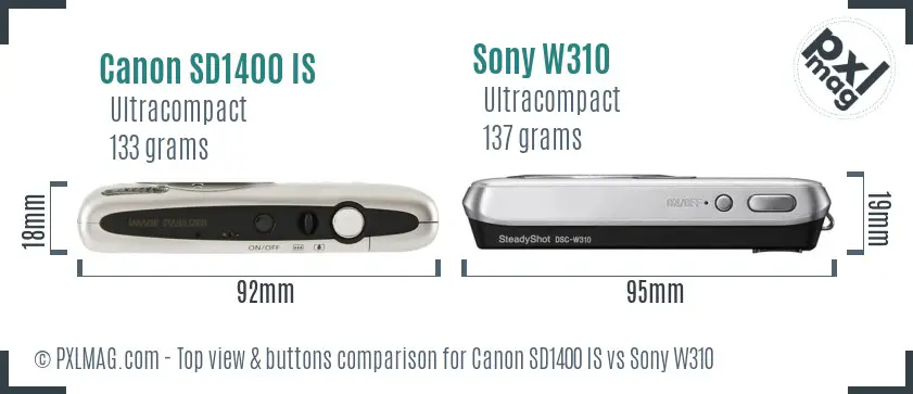 Canon SD1400 IS vs Sony W310 top view buttons comparison