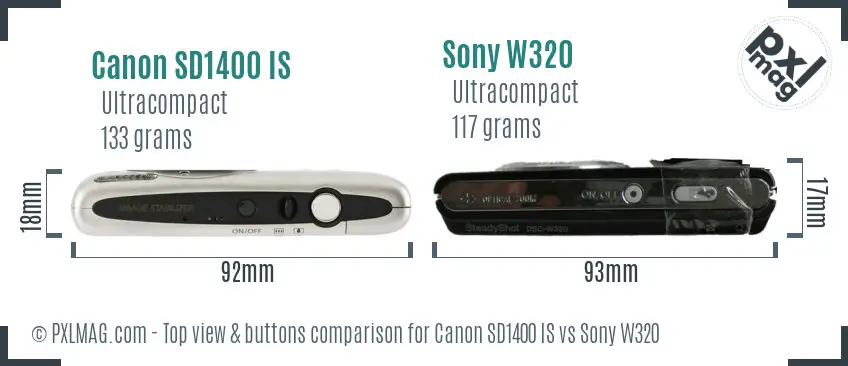 Canon SD1400 IS vs Sony W320 top view buttons comparison