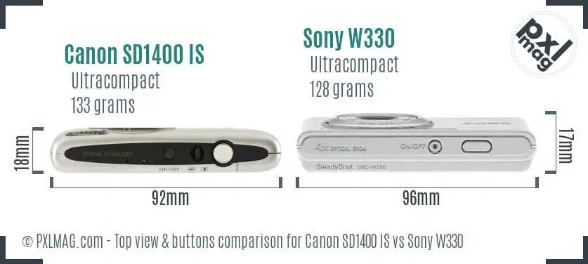 Canon SD1400 IS vs Sony W330 top view buttons comparison