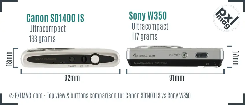 Canon SD1400 IS vs Sony W350 top view buttons comparison