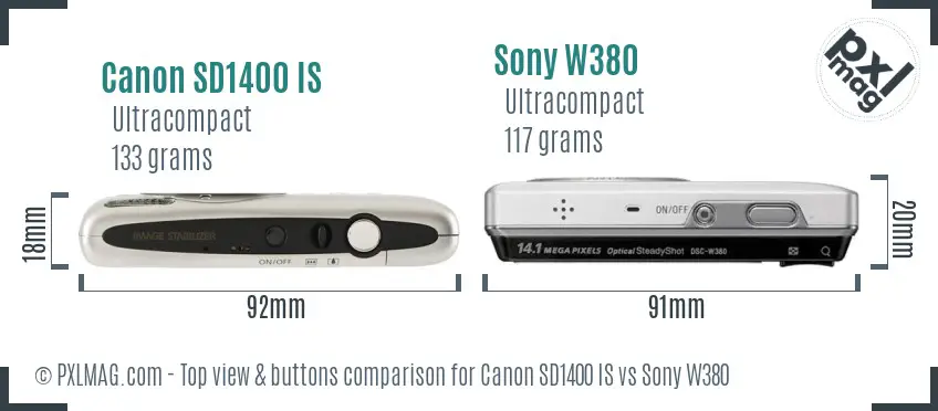 Canon SD1400 IS vs Sony W380 top view buttons comparison