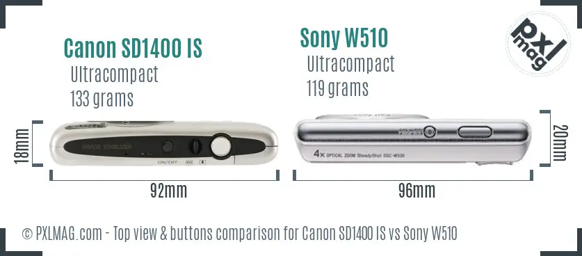 Canon SD1400 IS vs Sony W510 top view buttons comparison