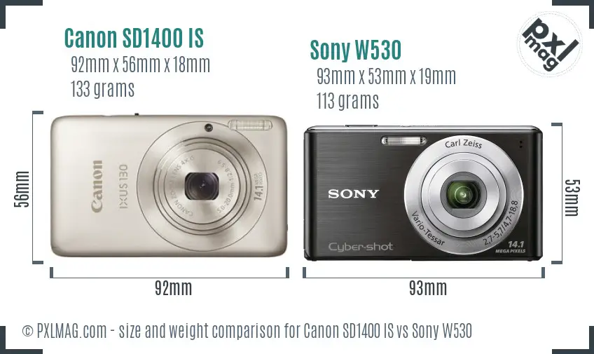 Canon SD1400 IS vs Sony W530 size comparison
