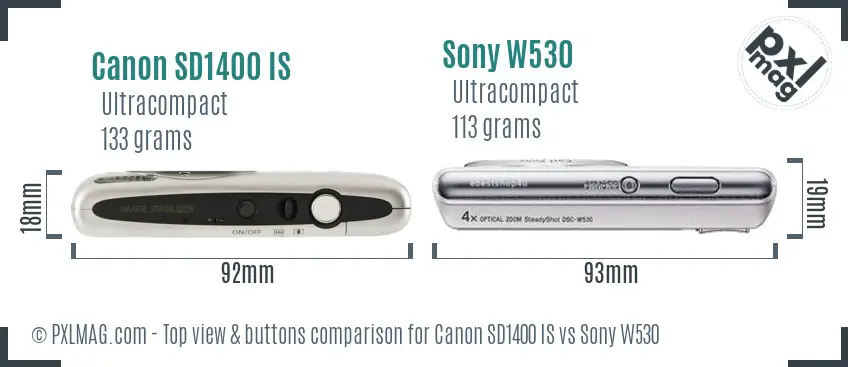 Canon SD1400 IS vs Sony W530 top view buttons comparison