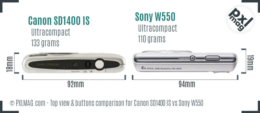 Canon SD1400 IS vs Sony W550 top view buttons comparison