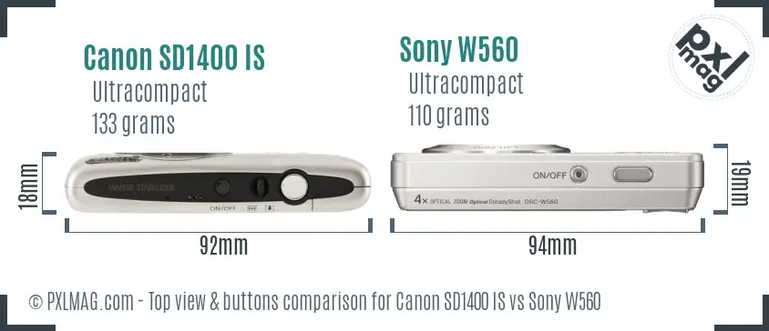 Canon SD1400 IS vs Sony W560 top view buttons comparison