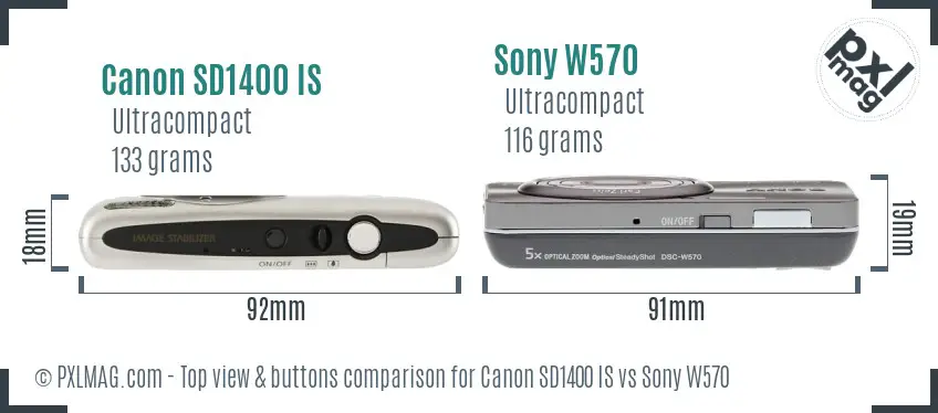 Canon SD1400 IS vs Sony W570 top view buttons comparison