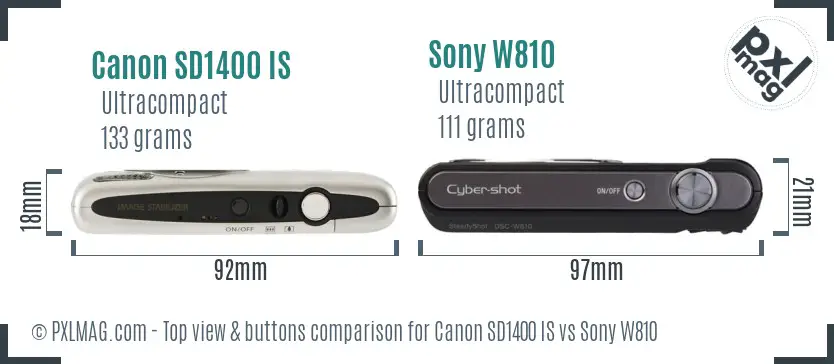 Canon SD1400 IS vs Sony W810 top view buttons comparison