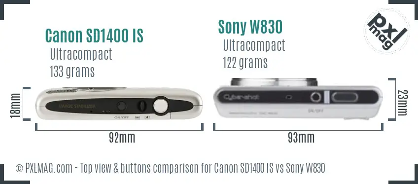 Canon SD1400 IS vs Sony W830 top view buttons comparison Canon SD1400 IS vs Sony W830 top view buttons comparison