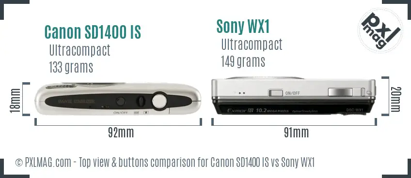 Canon SD1400 IS vs Sony WX1 top view buttons comparison