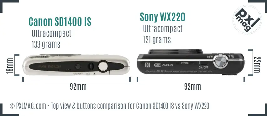 Canon SD1400 IS vs Sony WX220 top view buttons comparison