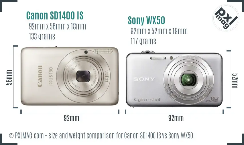 Canon SD1400 IS vs Sony WX50 size comparison
