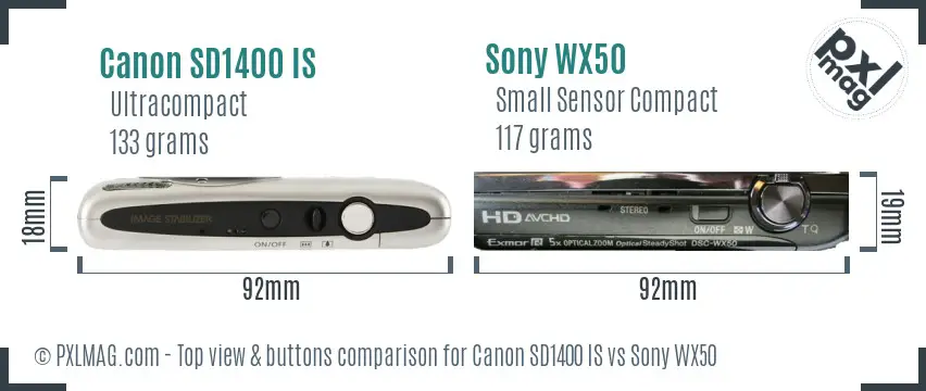 Canon SD1400 IS vs Sony WX50 top view buttons comparison