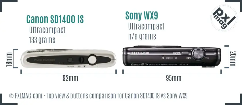 Canon SD1400 IS vs Sony WX9 top view buttons comparison