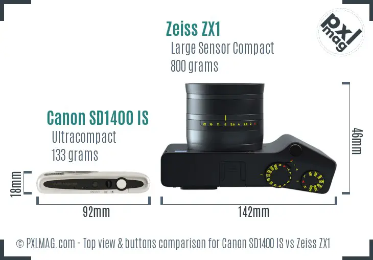 Canon SD1400 IS vs Zeiss ZX1 top view buttons comparison