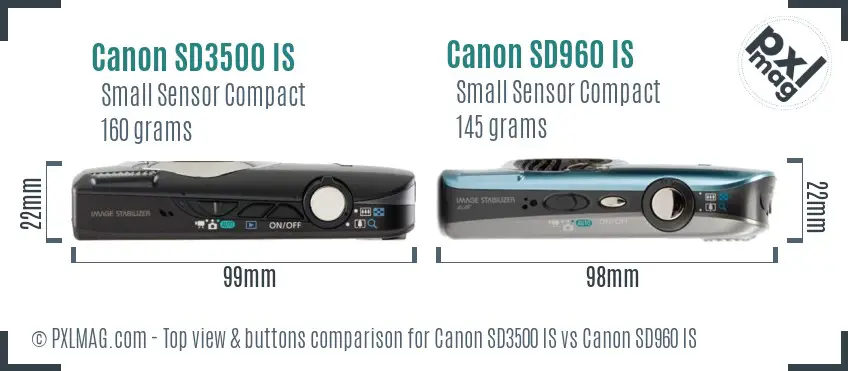 Canon SD3500 IS vs Canon SD960 IS top view buttons comparison