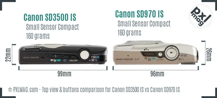 Canon SD3500 IS vs Canon SD970 IS top view buttons comparison